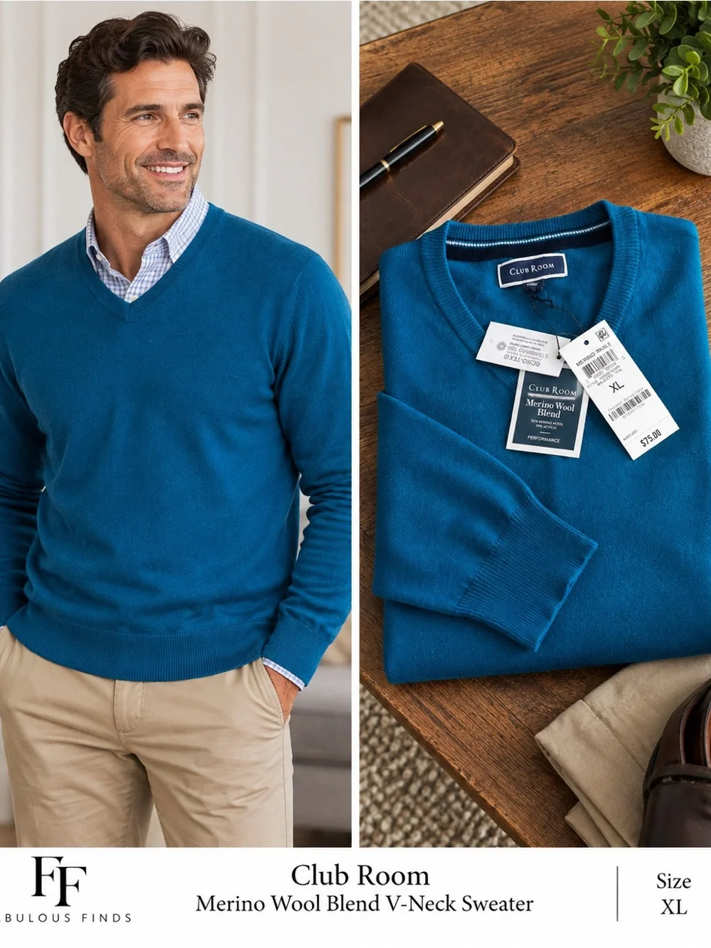 Club Room Men’s XL Merino Wool Blend V-Neck Sweater Majestic Teal NWT